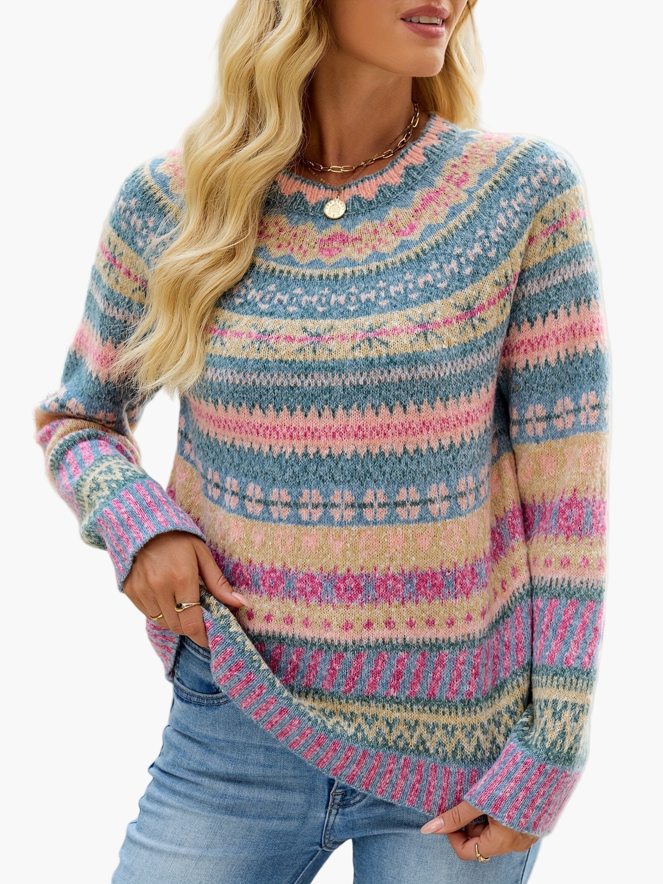 Hannelore Dunkelgrau Fair Isle Gemusterter Strickpullover für Damen | Rundhals Herbst Winter Casual - S/M/L/XL