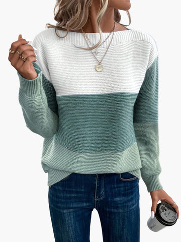Brigitte Grün Colorblock Strickpullover für Damen | Oversized Rundhals Casual Herbst Winter - S/M/L/XL