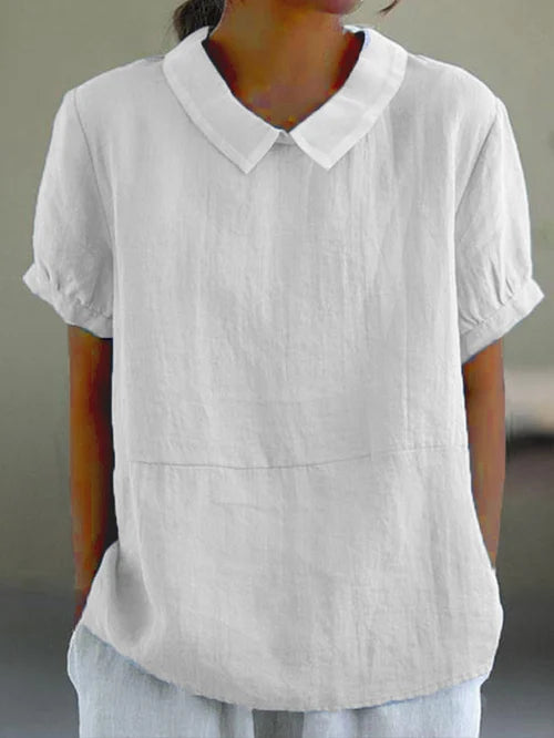 Monika Blau Leinen-Bluse mit Rundkragen für Damen | Luftig Entspannter Schnitt | Alltag & Büro | Kurzarm - S/M/L/XL/2XL/3XL