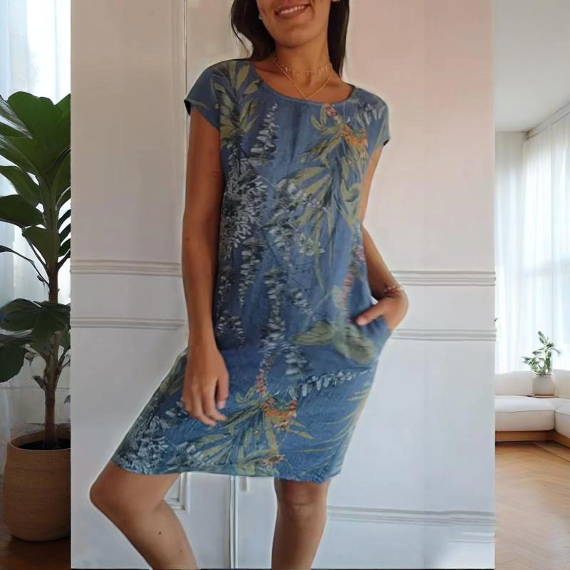 Monika Weiß Botanischer Print Rundhals Sommerkleid für Damen | Leichter Komfort mit Taschen | Alltag & Urlaub - S-4XL