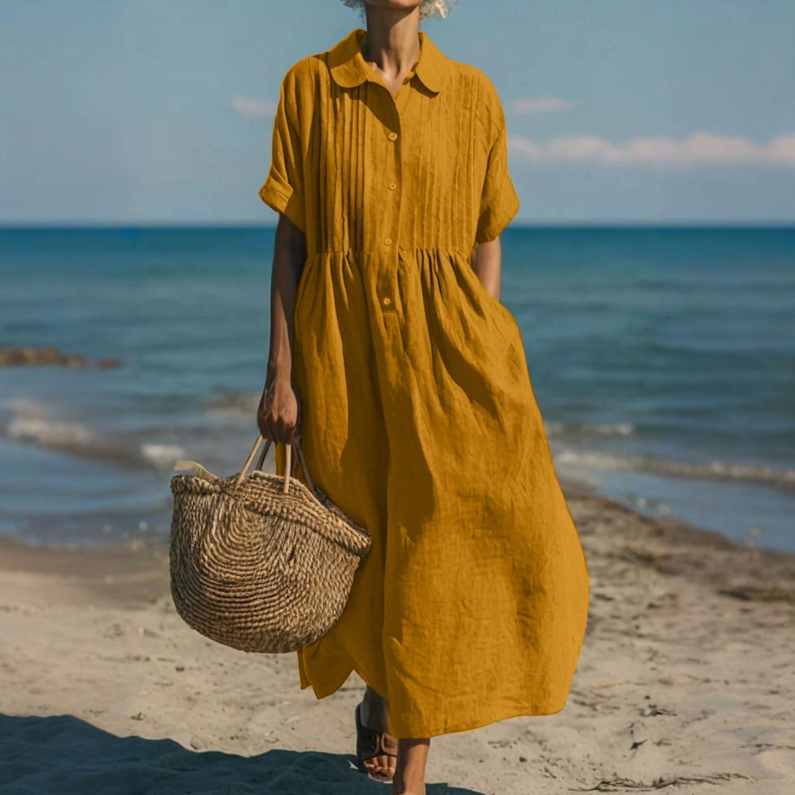Lotte Weiss Pintuck Kragen Knopf Maxikleid für Damen | Luftig Fliessende Passform | Strand und Alltag - S-2XL