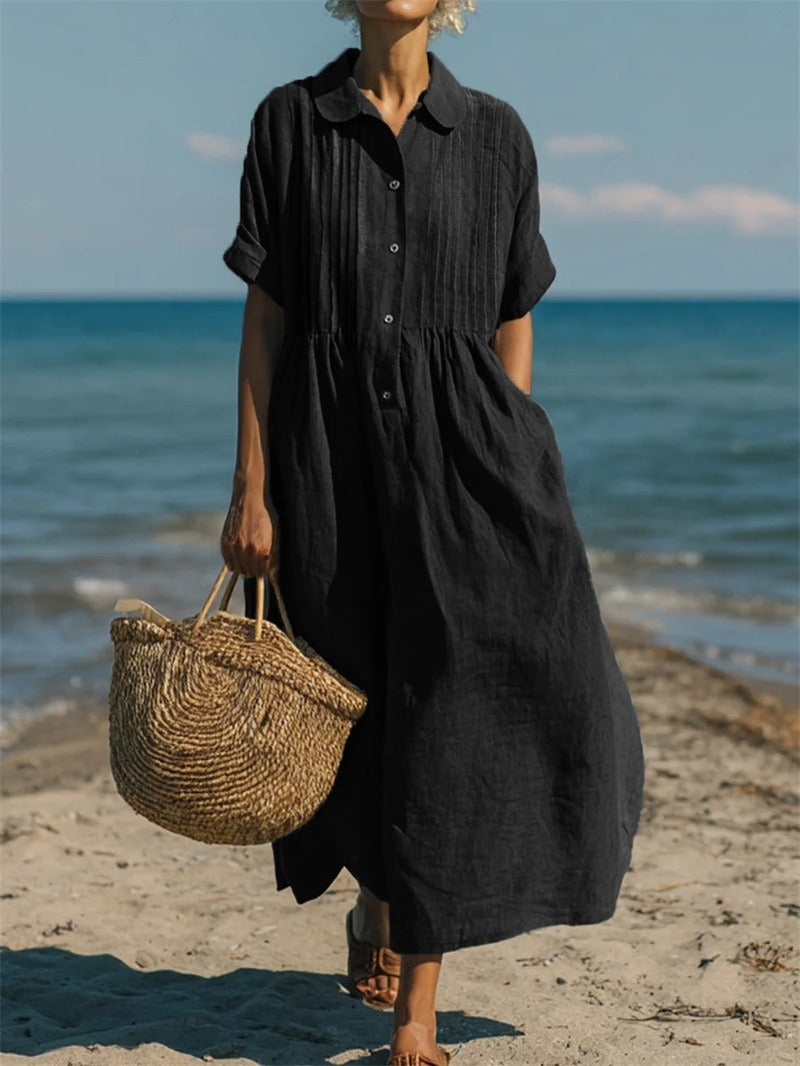 Lotte Weiss Pintuck Kragen Knopf Maxikleid für Damen | Luftig Fliessende Passform | Strand und Alltag - S-2XL