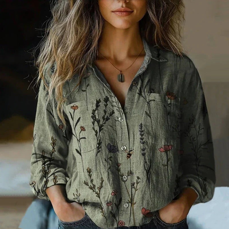 Vreni Rote Vintage-Print Langarm Damenbluse | Lockere Passform Boho-Stil | Freizeit und Reisen - S-3XL