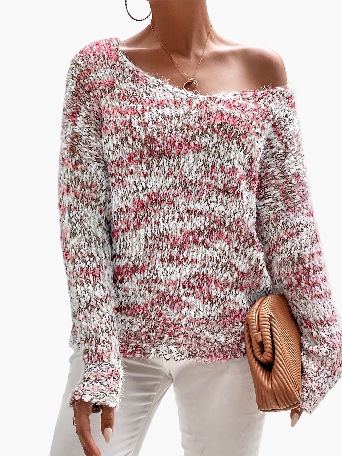 Karin Rot Schulterfreier Grobstrick-Pullover für Damen | Lockerer Casual Stil Winter - XS/S/M/L