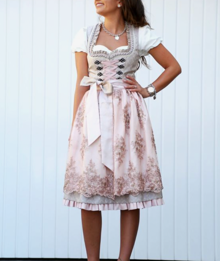 Frieda Graubeige Festliches Midi-Dirndlkleid mit Schürze für Damen | Trachtenmode Oktoberfest - XS/S/M/L/XL/2XL/3XL/4XL/5XL