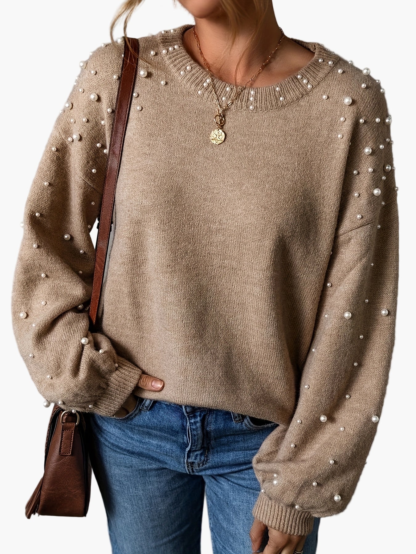 Vreni Khaki Pullover mit Perlenbesatz für Damen | Rundhals Strickpullover Elegant Casual - S/M/L/XL/2XL