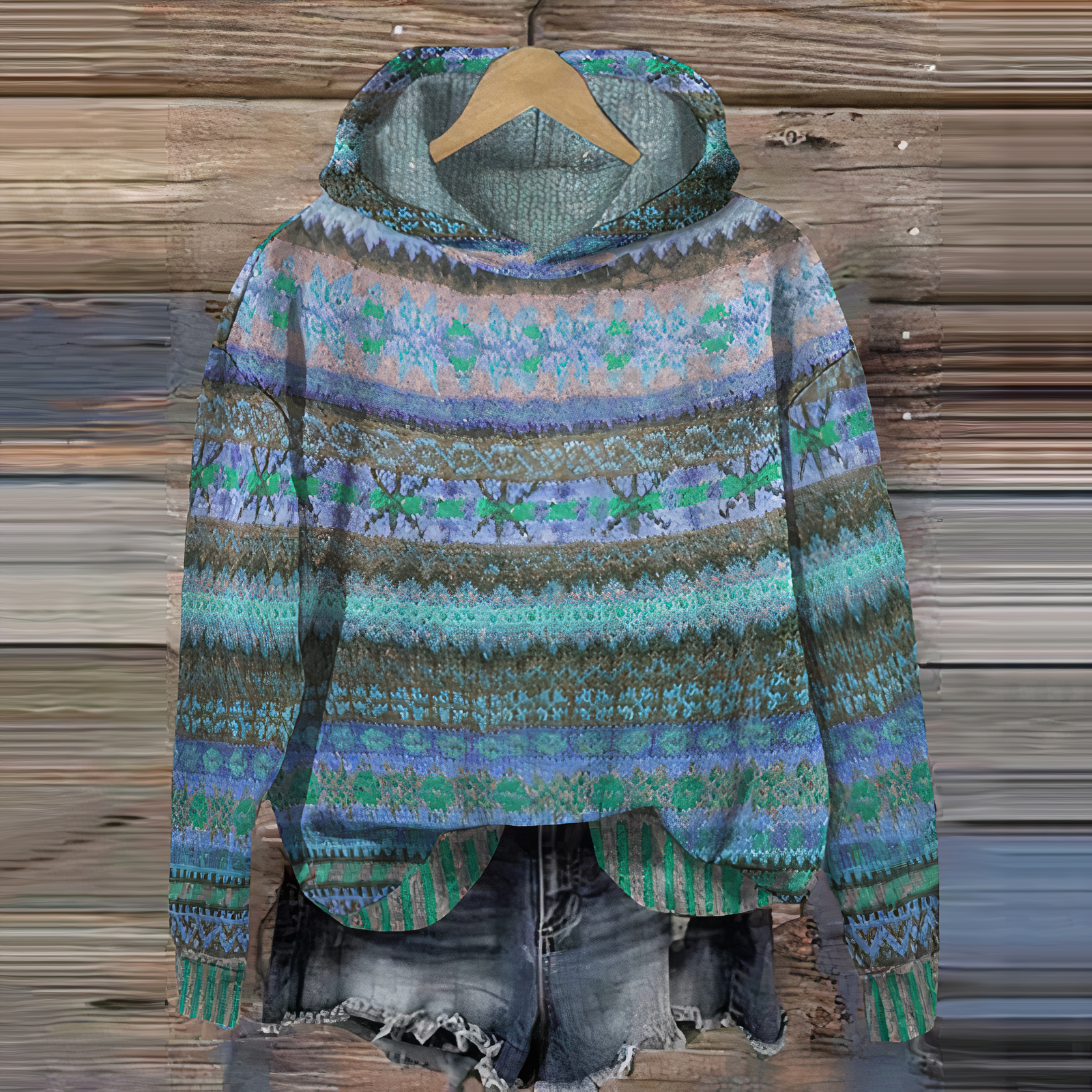 Rosmarie Maronbraun Vintage Ethnomuster Kapuzenpullover für Damen | Boho Casual Stil - S/M/L/XL/2XL/3XL/4XL/5XL