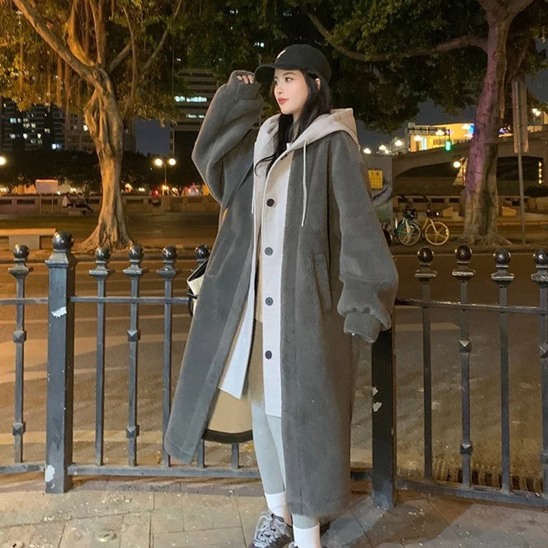 Veronika Weiss Oversized Langer Kapuzenmantel für Damen | Zweifarbig Sherpa-Optik Winter Casual - S/M/L/XL/2XL