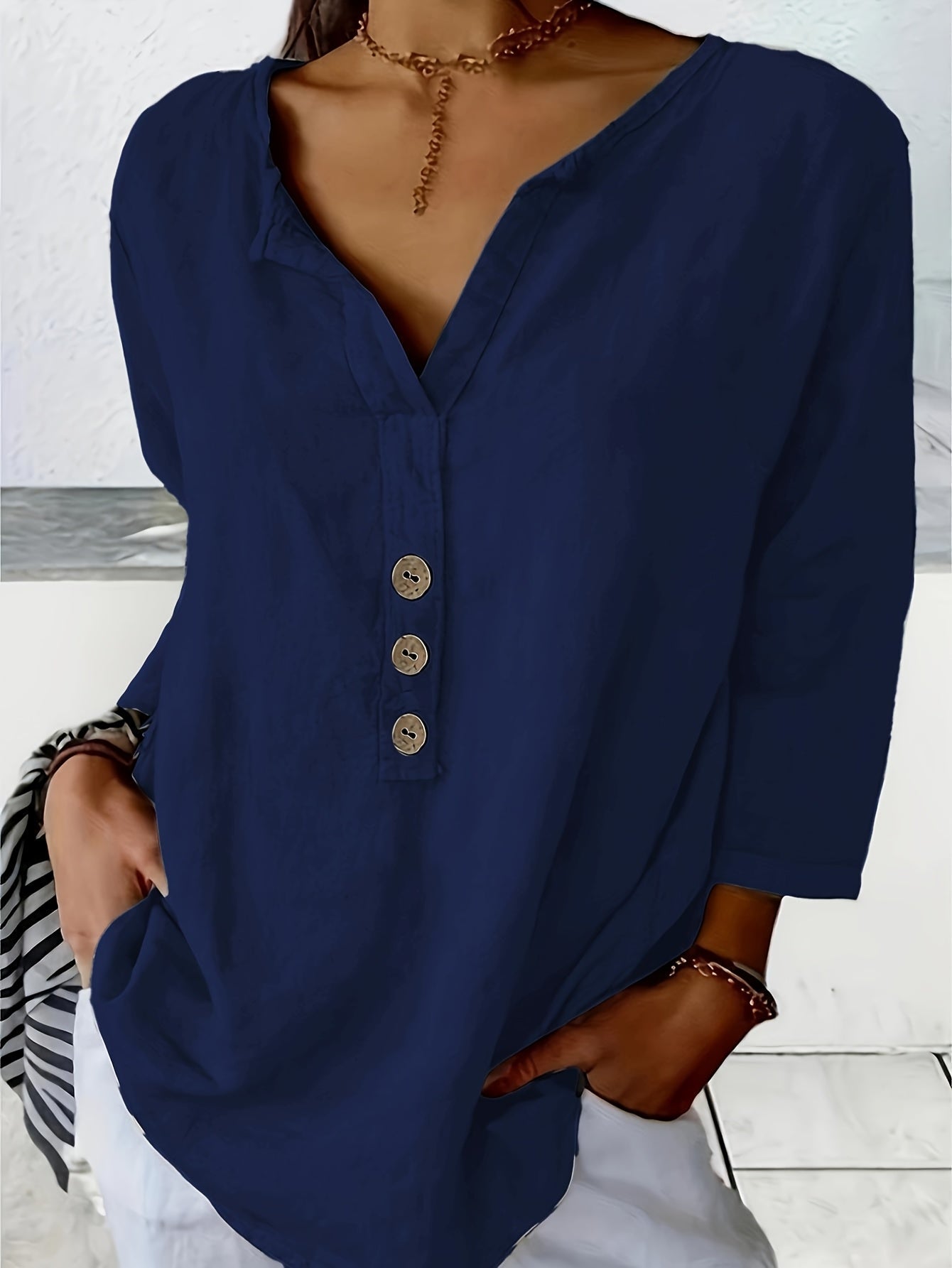 Monika Orange Lockere V-Ausschnitt Baumwoll-Bluse für Damen | Luftig Lässiger Stil | Alltag & Urlaub - S-3XL