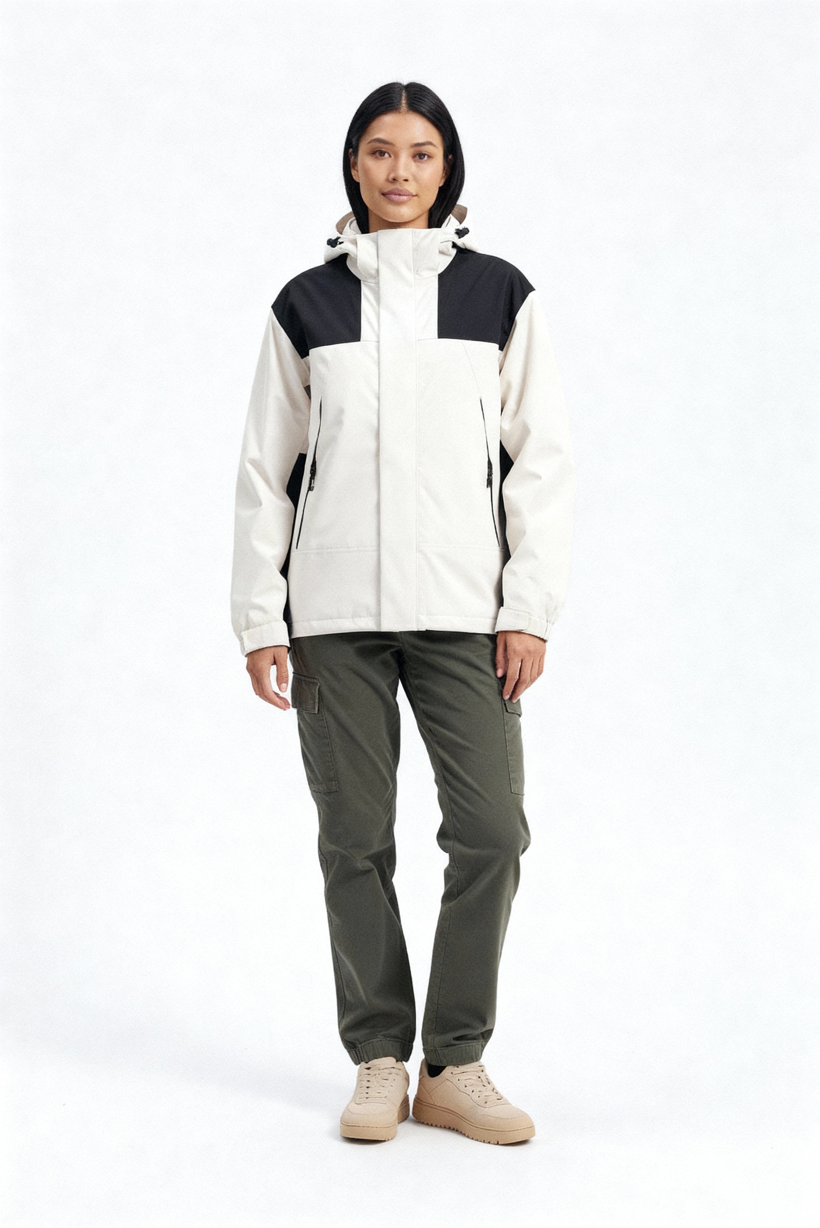 Monika Elfenbeinweiss 3-in-1 Fleece-Winterjacke mit Kapuze für Damen | Colourblock Outdoor Winter - XS/S/M/L/XL/2XL