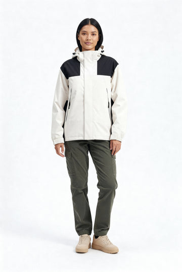 Monika Elfenbeinweiss 3-in-1 Fleece-Winterjacke mit Kapuze für Damen | Colourblock Outdoor Winter - XS/S/M/L/XL/2XL