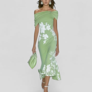 Ida Grün Geblümtes Schulterfreies Midikleid für Damen | Elegante Meerjungfrau-Silhouette | Hochzeit - Rüschenabschluss - 2XS-4XL