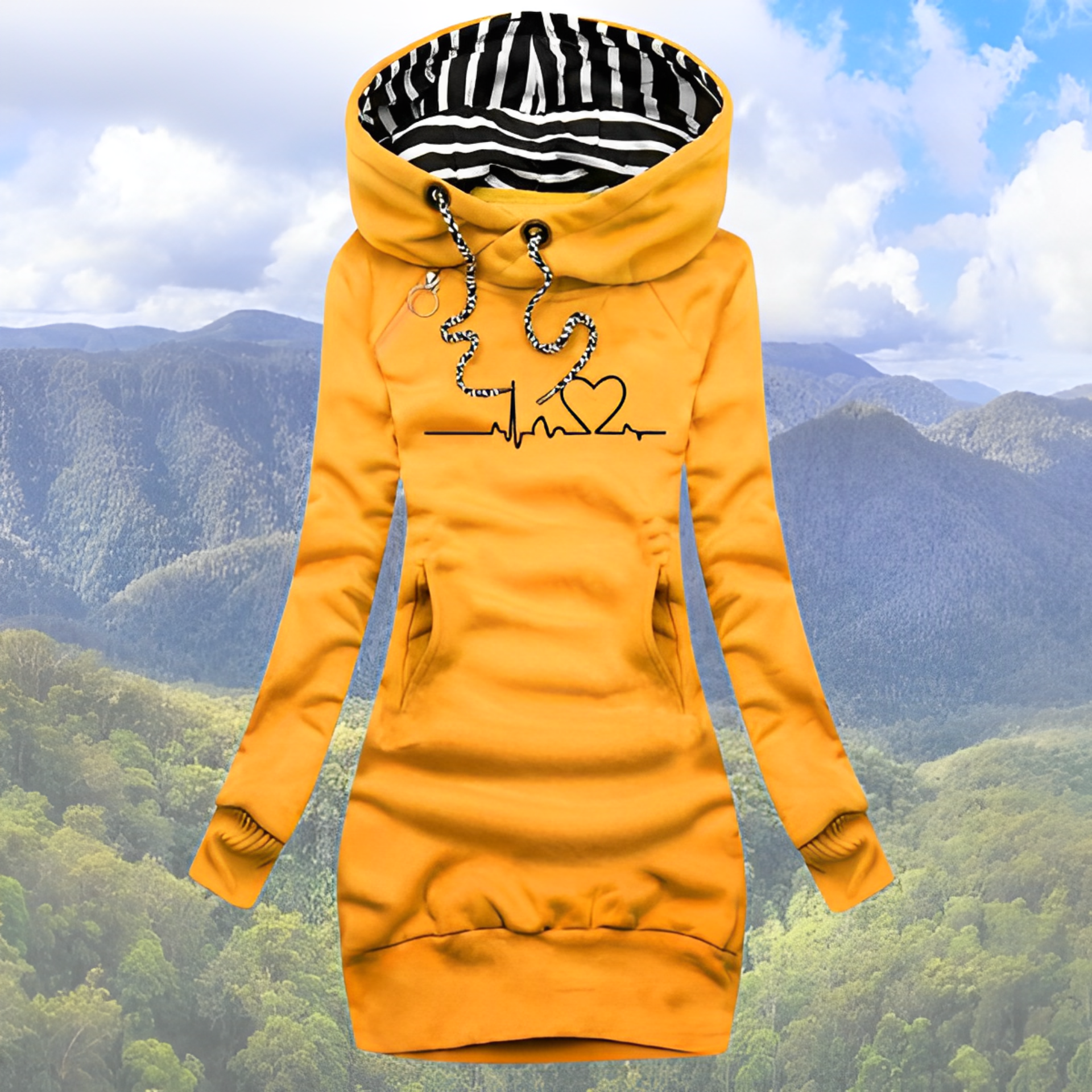 Livia Armeegrün Longline Bedruckter Kapuzenpullover für Damen | Herz-EKG-Print Casual Hoodie-Kleid - S-3XL