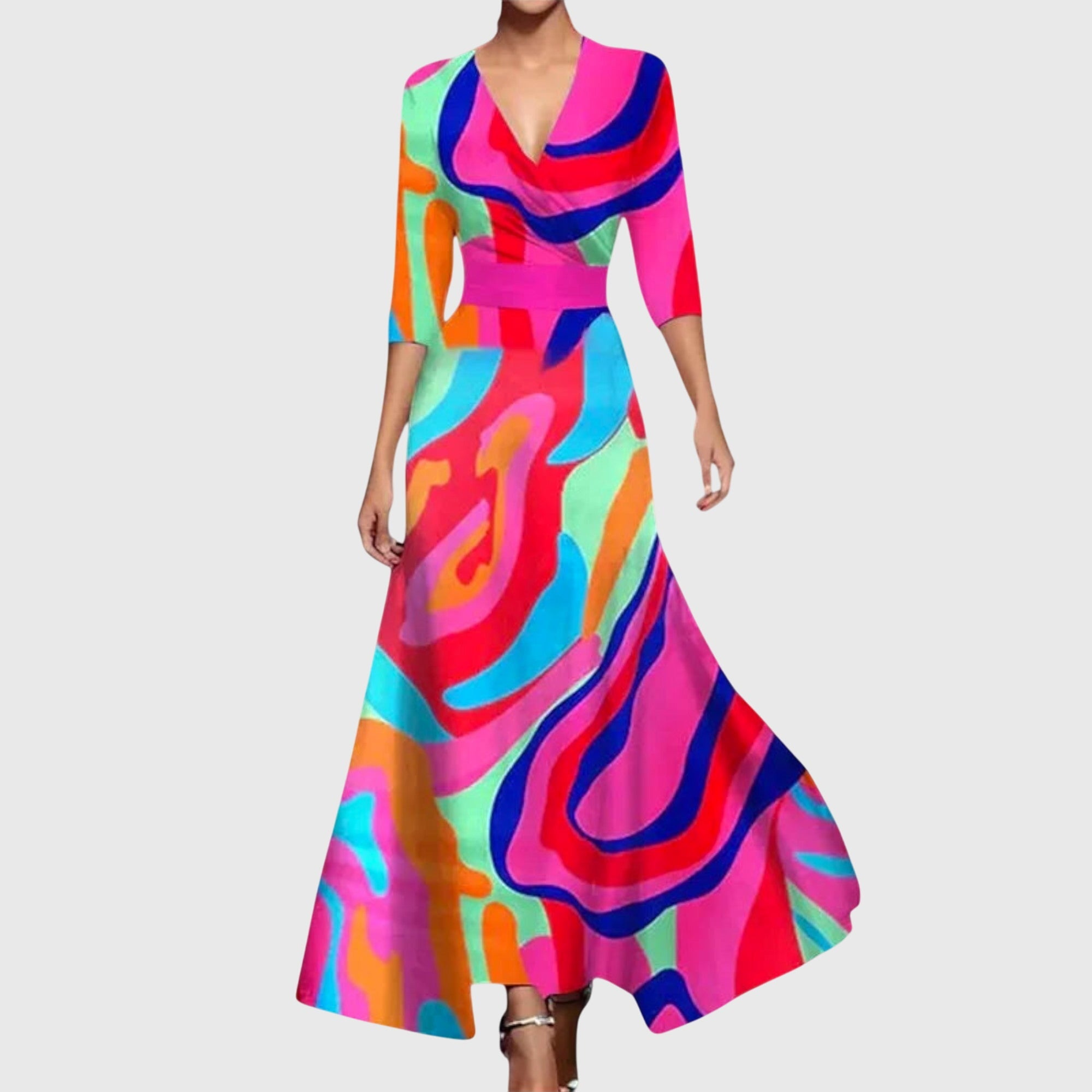 Silvia Rot Geblümtes Wickel-Maxikleid für Damen | Elegante A-Linie | Hochzeit und Abend - S/M/L/XL/2XL