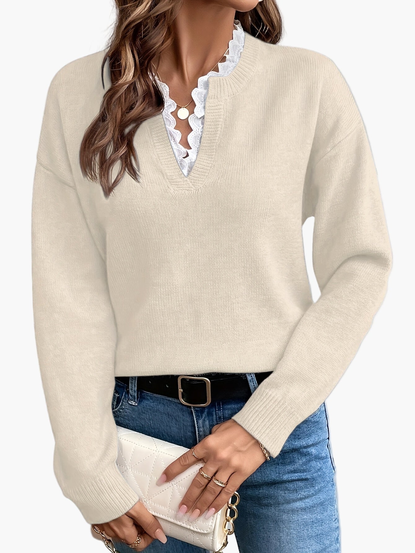 Renate Rosa Eleganter Strickpullover mit V-Ausschnitt und Spitzenbesatz für Damen | Herbst Winter Casual - XS/S/M/L/XL/XXL