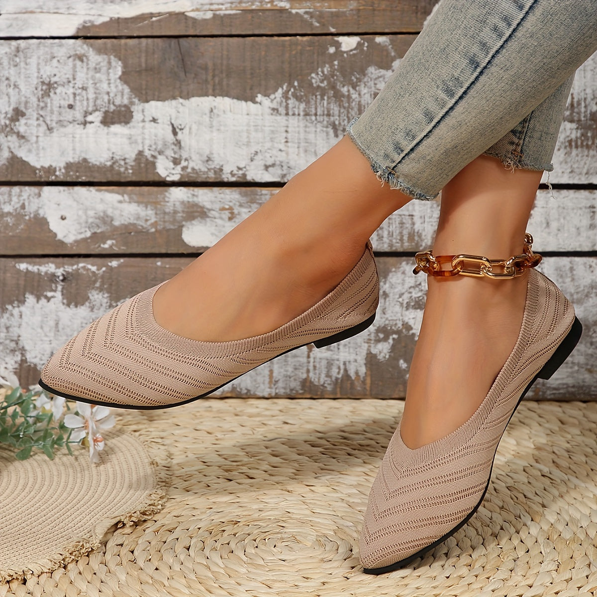 Nadine Aprikose Gestrickte Spitzschuh Flats für Damen | Leichter Slip-On Komfort | Alltag und Büro - 35/36/37/38/39/40/41/42/43