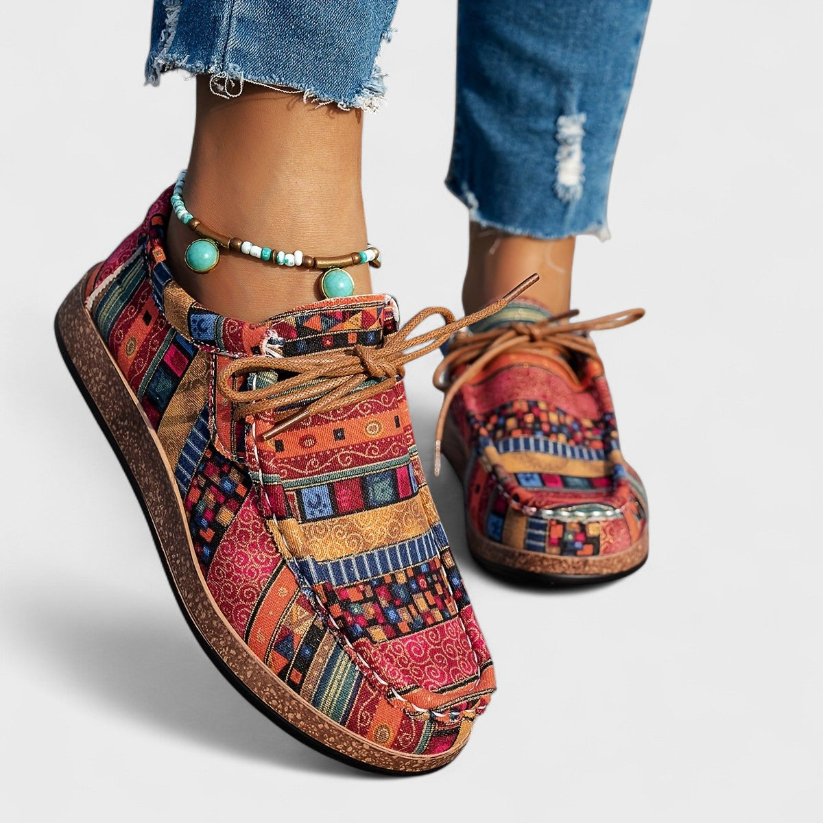 Hanna Rot Ethnisches Patchwork Lace-Up Plateau-Sneaker für Damen | Leichter Komfort Boho-Stil
