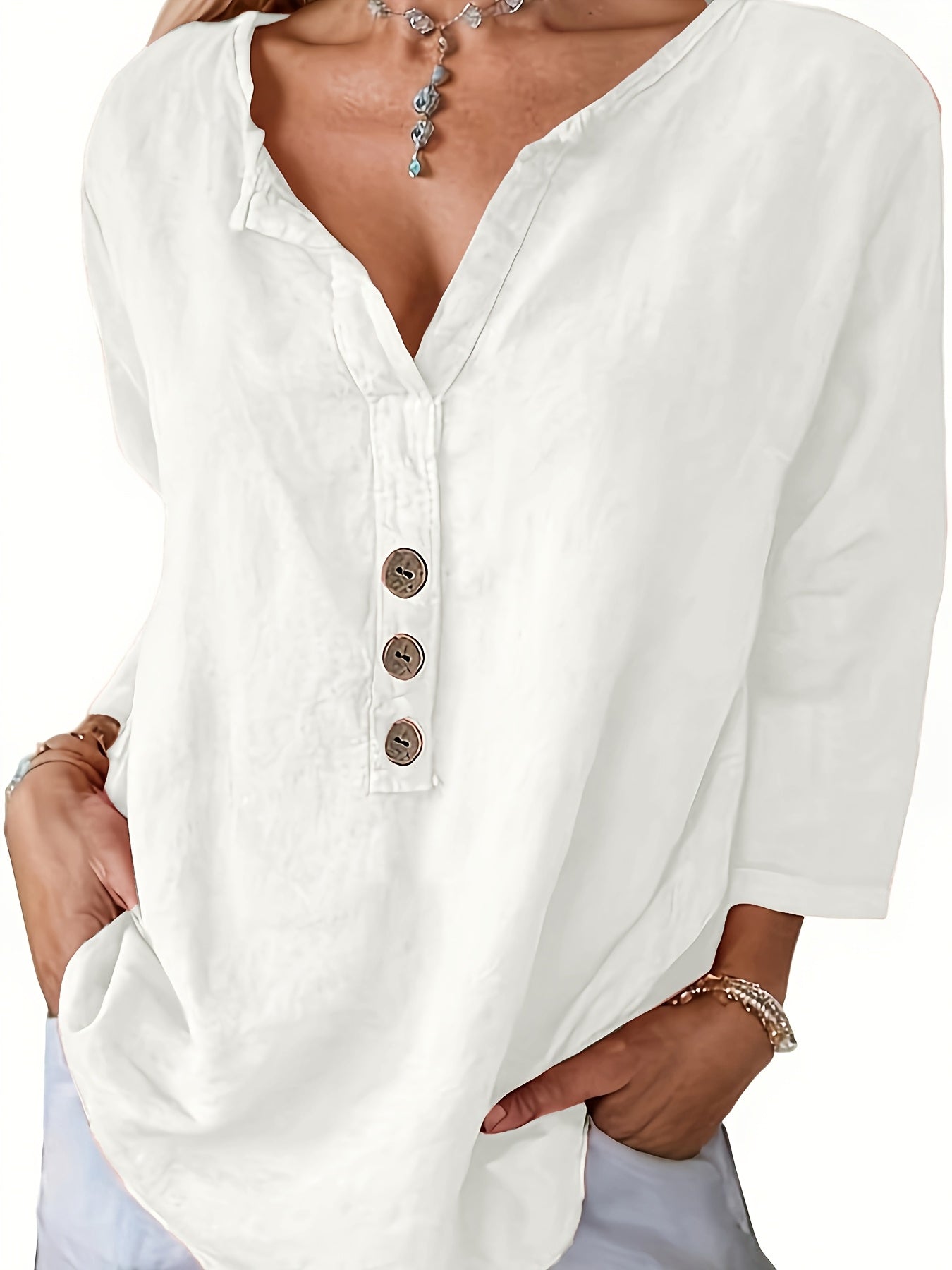 Monika Orange Lockere V-Ausschnitt Baumwoll-Bluse für Damen | Luftig Lässiger Stil | Alltag & Urlaub - S-3XL