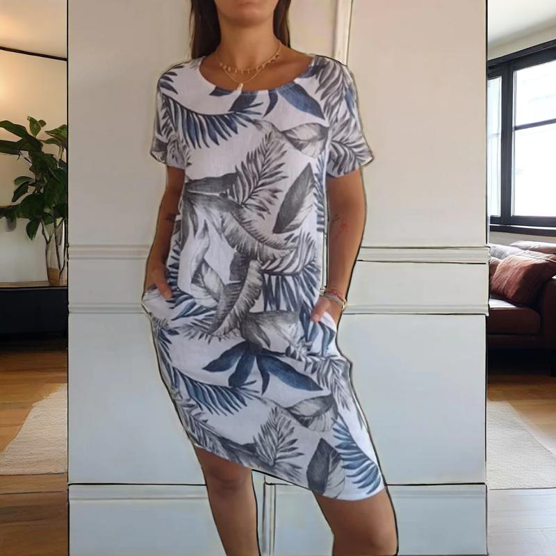 Monika Weiß Botanischer Print Rundhals Sommerkleid für Damen | Leichter Komfort mit Taschen | Alltag & Urlaub - S-4XL