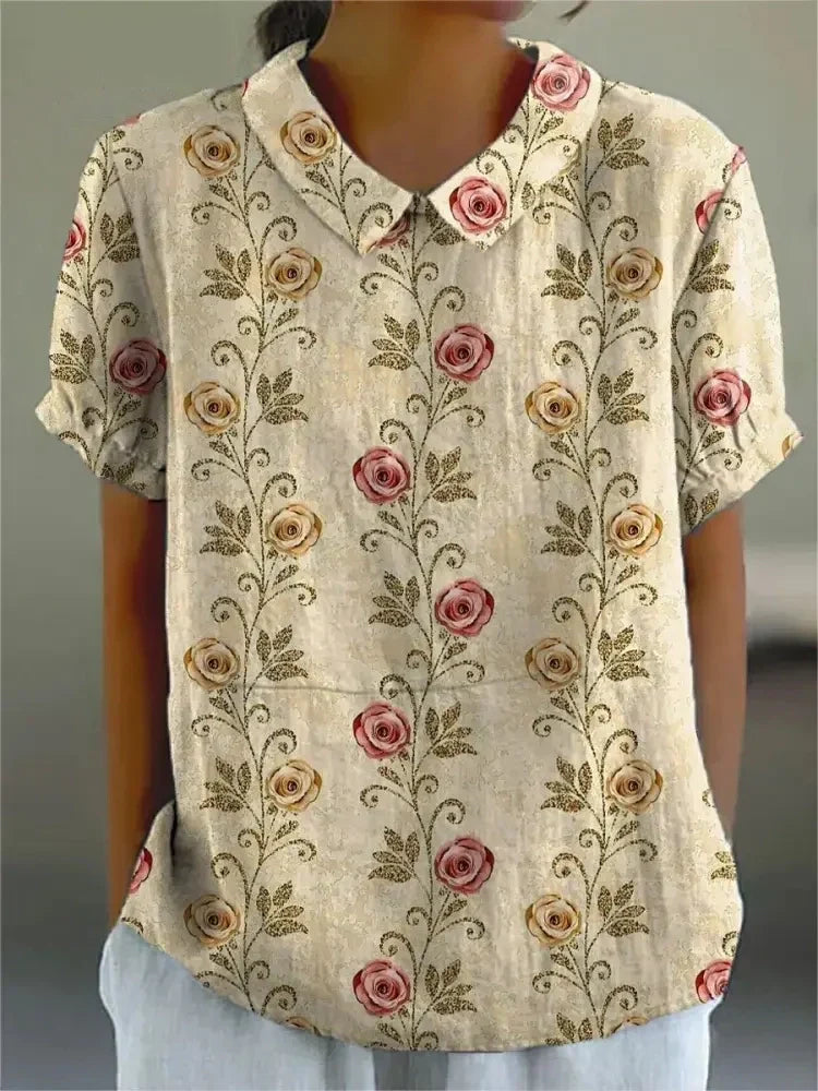 Monika Khaki Floral Leinen Bluse für Damen | Luftig Lässiger Stil | Sommerbluse - S/M/L/XL/2XL