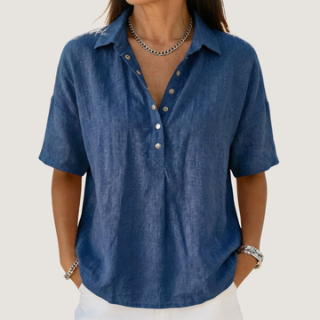 Katharina Khaki Leinenoptik Kurzarm-Bluse für Damen | Leicht Relaxed Fit | Alltag und Urlaub | 7 Farben - S-3XL