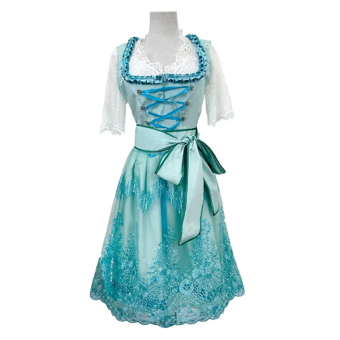 Vreni Hellgrün Spitzen-Dirndl Midi-Kleid für Damen | Oktoberfest Festkleid mit Schnürung und Schürze - S/M/L/XL/2XL/3XL/4XL