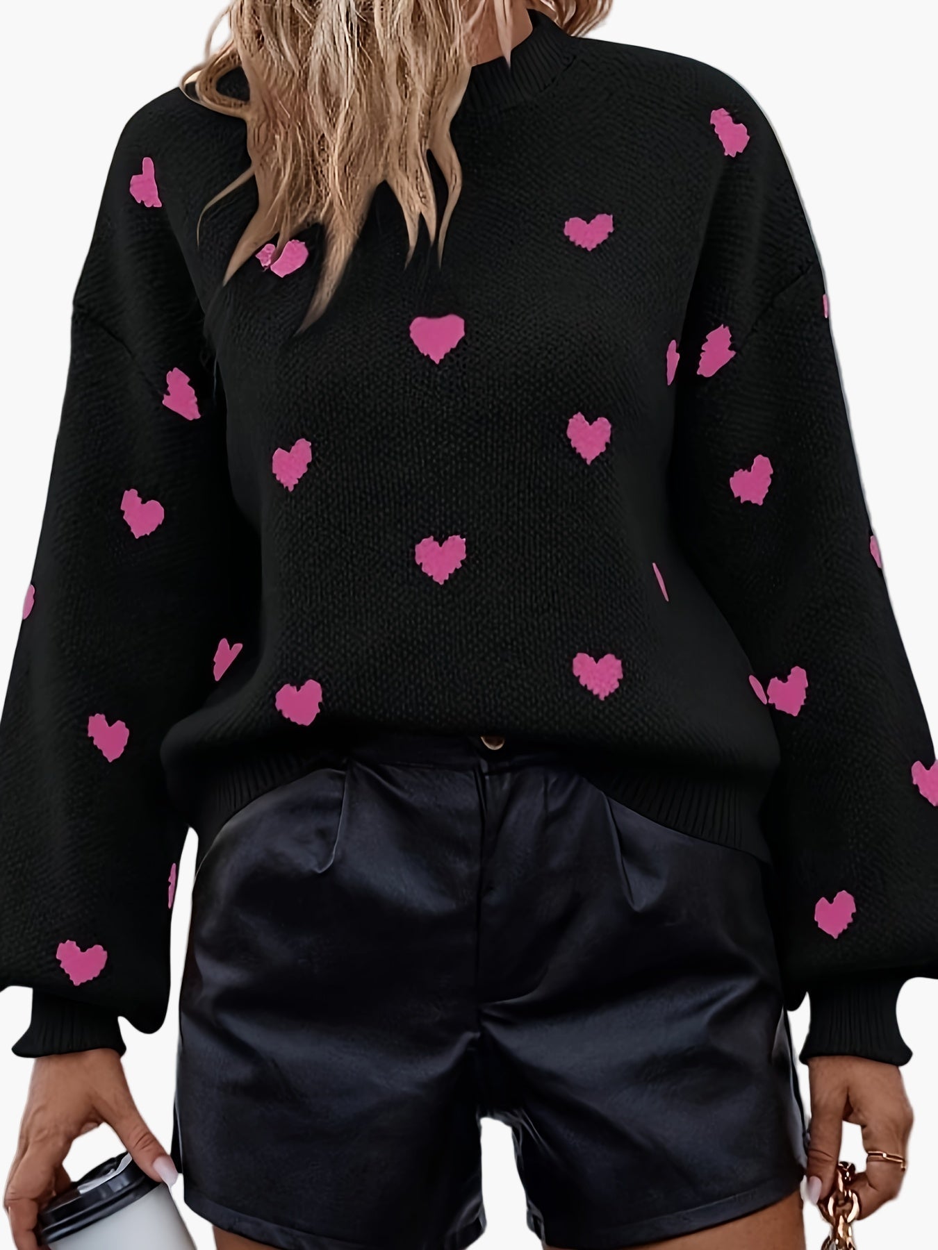 Lotti Schwarz Oversized Strickpullover mit Herzmuster für Damen | Romantischer Casual Stil - XS/S/M/L/XL