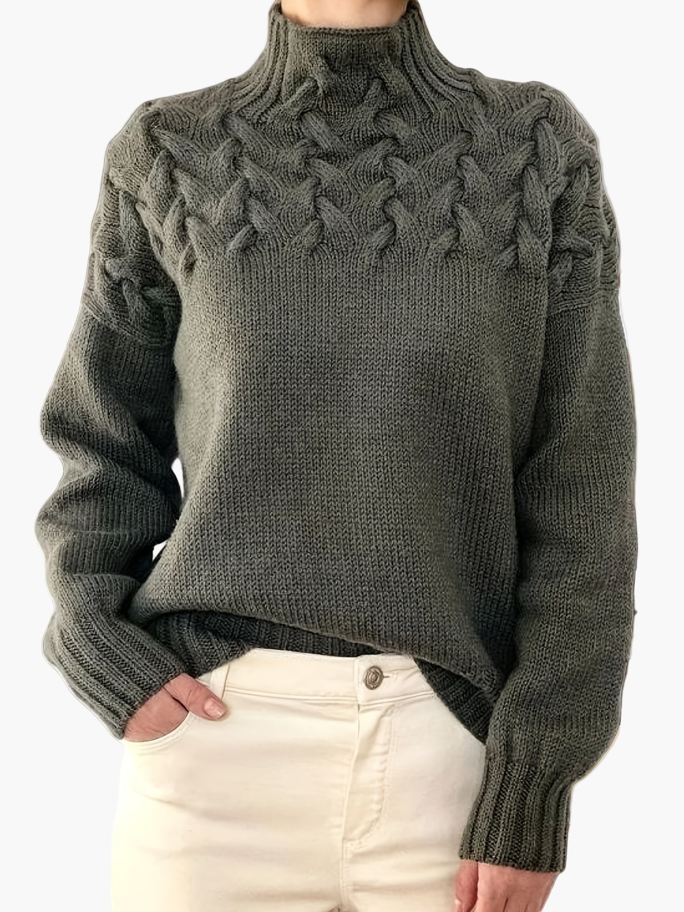 Trudi Dunkelgrau Grobstrick-Pullover mit Zopfmuster und Stehkragen für Damen | Oversized Winter Casual - S/M/L/XL
