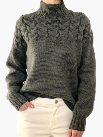 Trudi Dunkelgrau Grobstrick-Pullover mit Zopfmuster und Stehkragen für Damen | Oversized Winter Casual - S/M/L/XL