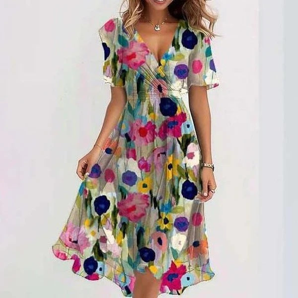 Monika Blau Bedrucktes V-Ausschnitt Sommerkleid für Damen | Leicht Fliessend | Sommerurlaub - S-3XL
