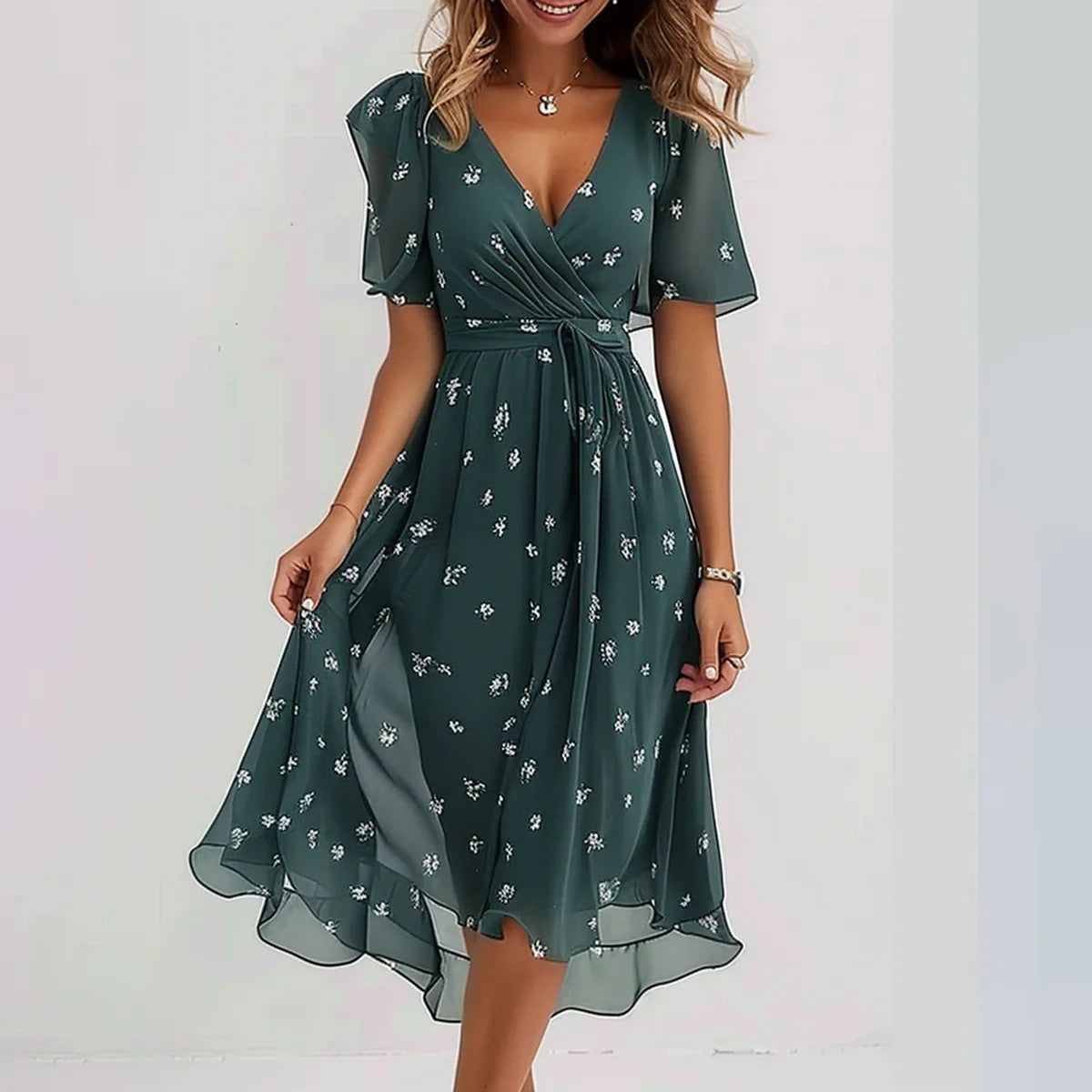 Monika Blau Bedrucktes V-Ausschnitt Sommerkleid für Damen | Leicht Fliessend | Sommerurlaub - S-3XL