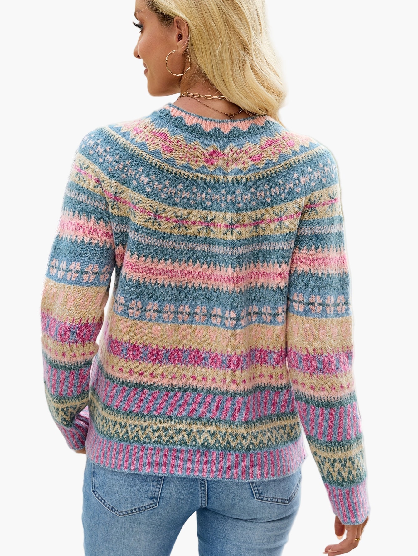 Hannelore Dunkelgrau Fair Isle Gemusterter Strickpullover für Damen | Rundhals Herbst Winter Casual - S/M/L/XL