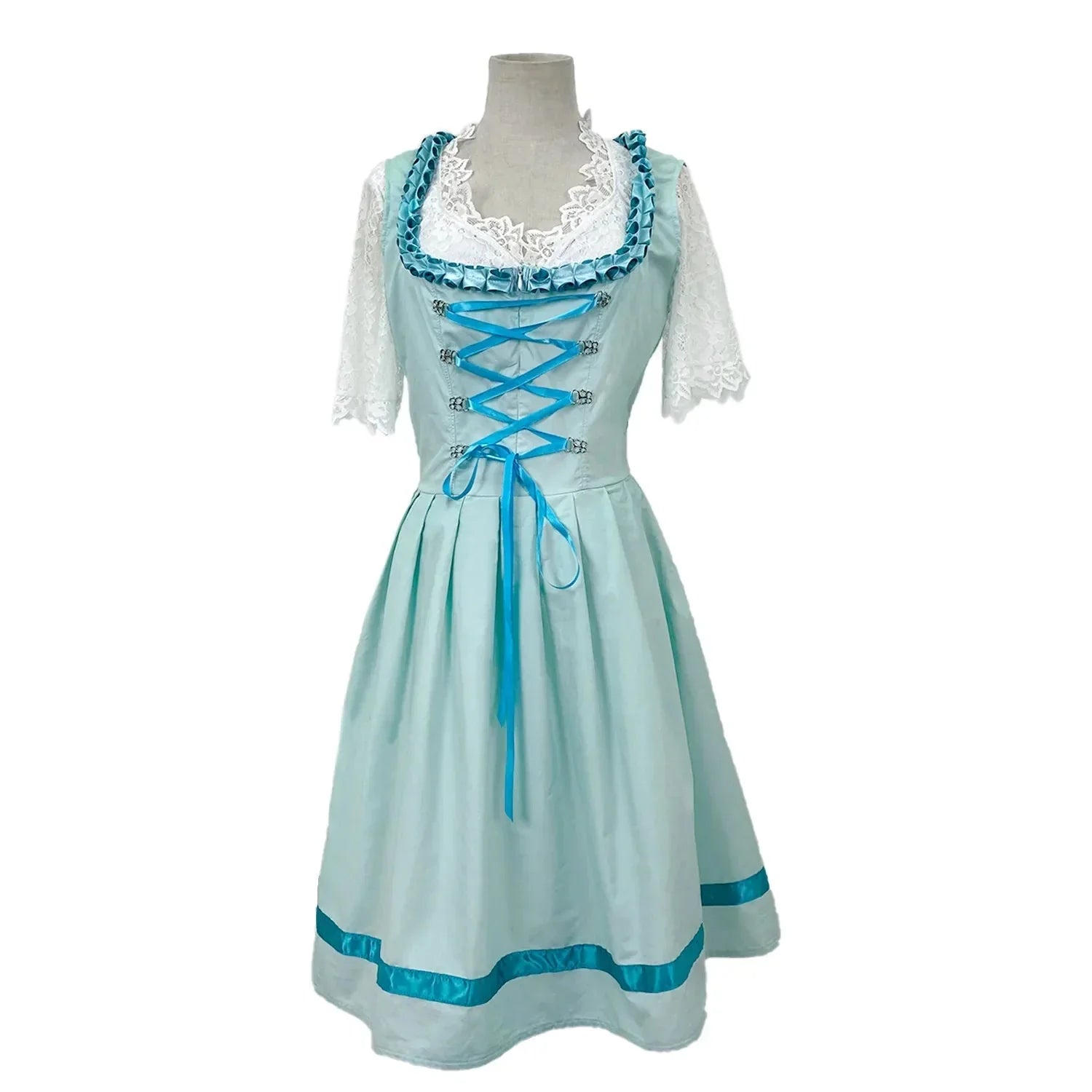 Vreni Hellgrün Spitzen-Dirndl Midi-Kleid für Damen | Oktoberfest Festkleid mit Schnürung und Schürze - S/M/L/XL/2XL/3XL/4XL