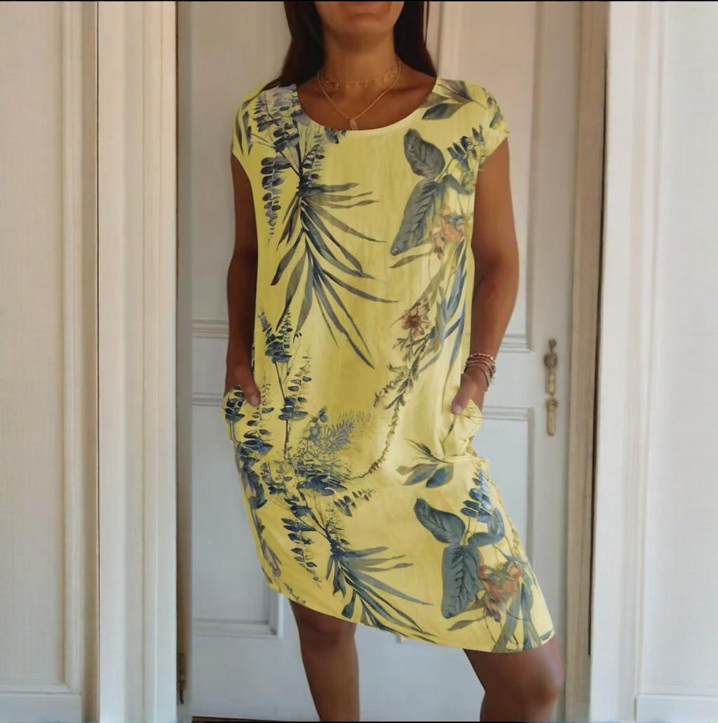 Monika Weiß Botanischer Print Rundhals Sommerkleid für Damen | Leichter Komfort mit Taschen | Alltag & Urlaub - S-4XL