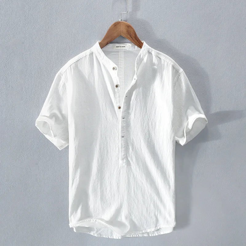 Markus Hellblau Leinenoptik Stehkragen Kurzarmhemd für Herren | Leichter Casual Fit - M/L/XL/2XL/3XL