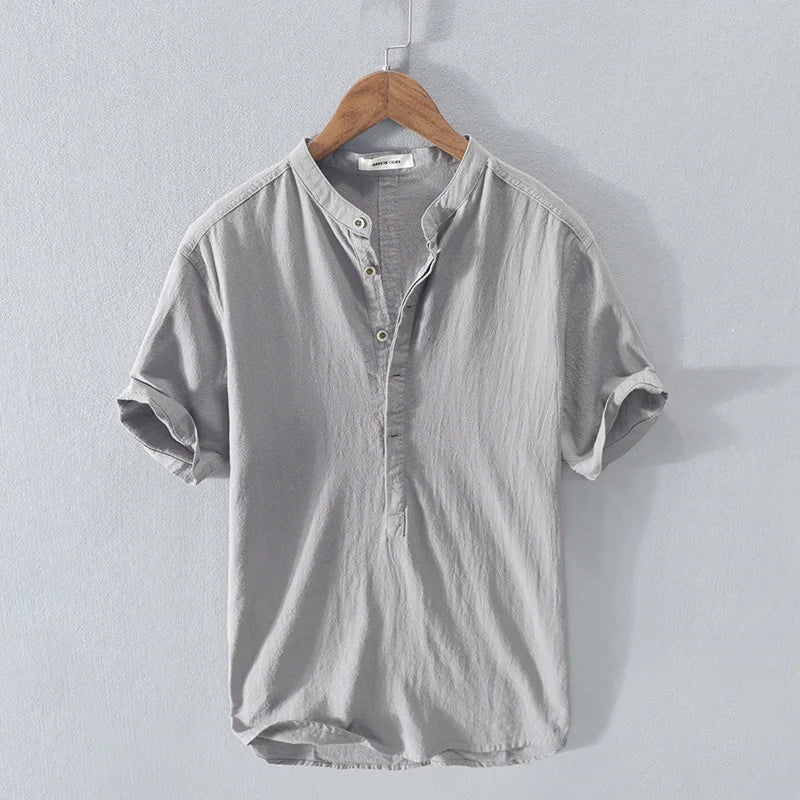 Markus Hellblau Leinenoptik Stehkragen Kurzarmhemd für Herren | Leichter Casual Fit - M/L/XL/2XL/3XL