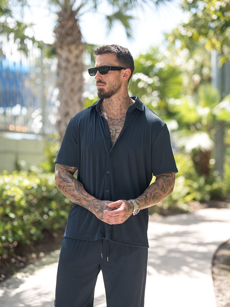 Dieter Schwarz Geripptes Kurzarm-Hemd-Set für Herren | Lockerer Casual-Look | Alltag und Urlaub - S/M/L/XL/2XL/3XL/4XL