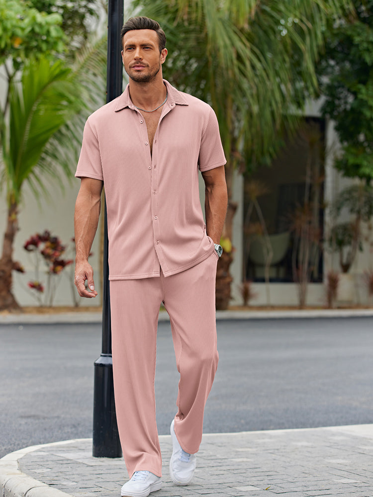 Dieter Schwarz Geripptes Kurzarm-Hemd-Set für Herren | Lockerer Casual-Look | Alltag und Urlaub - S/M/L/XL/2XL/3XL/4XL