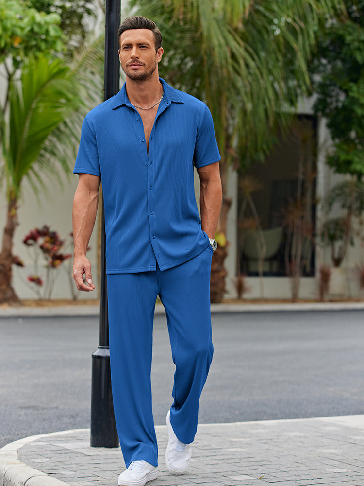Dieter Schwarz Geripptes Kurzarm-Hemd-Set für Herren | Lockerer Casual-Look | Alltag und Urlaub - S/M/L/XL/2XL/3XL/4XL