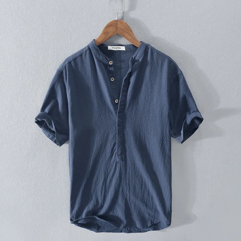 Markus Hellblau Leinenoptik Stehkragen Kurzarmhemd für Herren | Leichter Casual Fit - M/L/XL/2XL/3XL