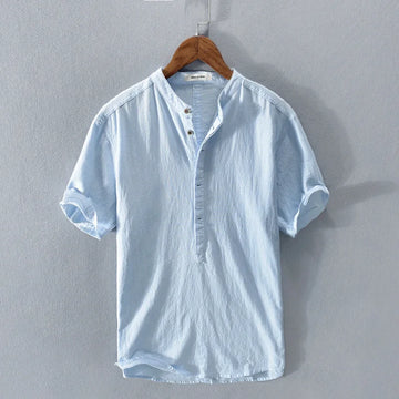 Markus Hellblau Leinenoptik Stehkragen Kurzarmhemd für Herren | Leichter Casual Fit - M/L/XL/2XL/3XL