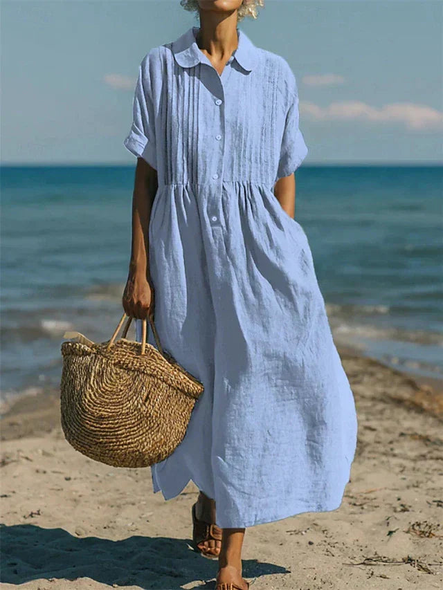 Lotte Weiss Pintuck Kragen Knopf Maxikleid für Damen | Luftig Fliessende Passform | Strand und Alltag - S-2XL