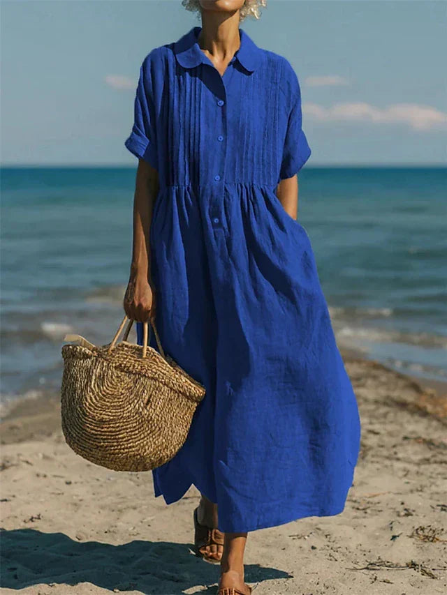 Lotte Weiss Pintuck Kragen Knopf Maxikleid für Damen | Luftig Fliessende Passform | Strand und Alltag - S-2XL