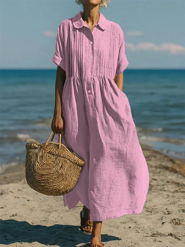 Lotte Weiss Pintuck Kragen Knopf Maxikleid für Damen | Luftig Fliessende Passform | Strand und Alltag - S-2XL