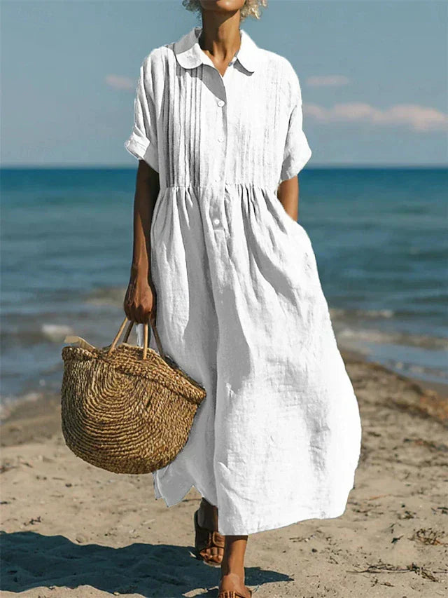 Lotte Weiss Pintuck Kragen Knopf Maxikleid für Damen | Luftig Fliessende Passform | Strand und Alltag - S-2XL
