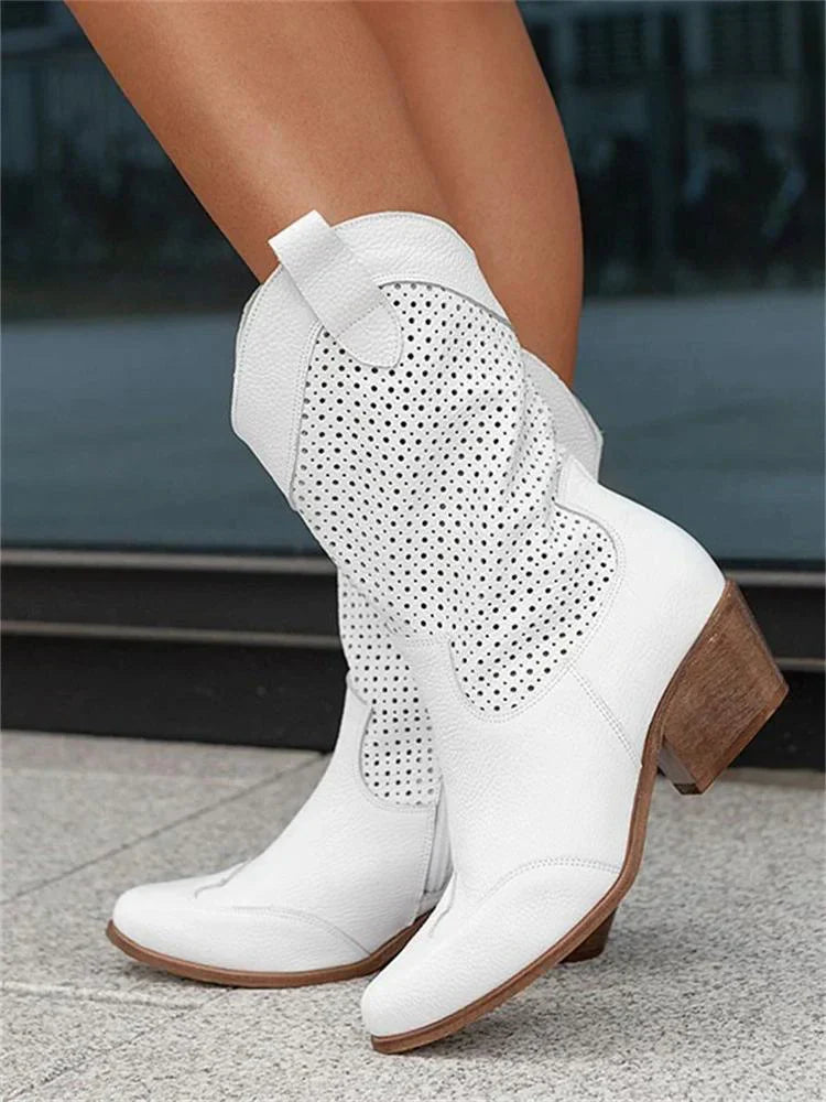 Lisbeth Weiss Perforierte Western Cowboystiefel für Damen | Atmungsaktiv mit Blockabsatz | Seitlicher Reissverschluss - 35-43