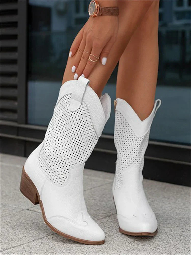 Lisbeth Weiss Perforierte Western Cowboystiefel für Damen | Atmungsaktiv mit Blockabsatz | Seitlicher Reissverschluss - 35-43