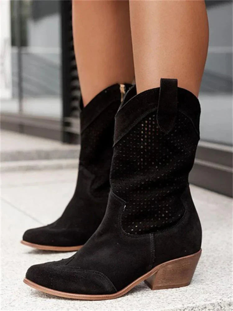 Lisbeth Weiss Perforierte Western Cowboystiefel für Damen | Atmungsaktiv mit Blockabsatz | Seitlicher Reissverschluss - 35-43