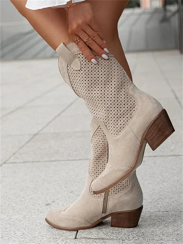 Lisbeth Weiss Perforierte Western Cowboystiefel für Damen | Atmungsaktiv mit Blockabsatz | Seitlicher Reissverschluss - 35-43
