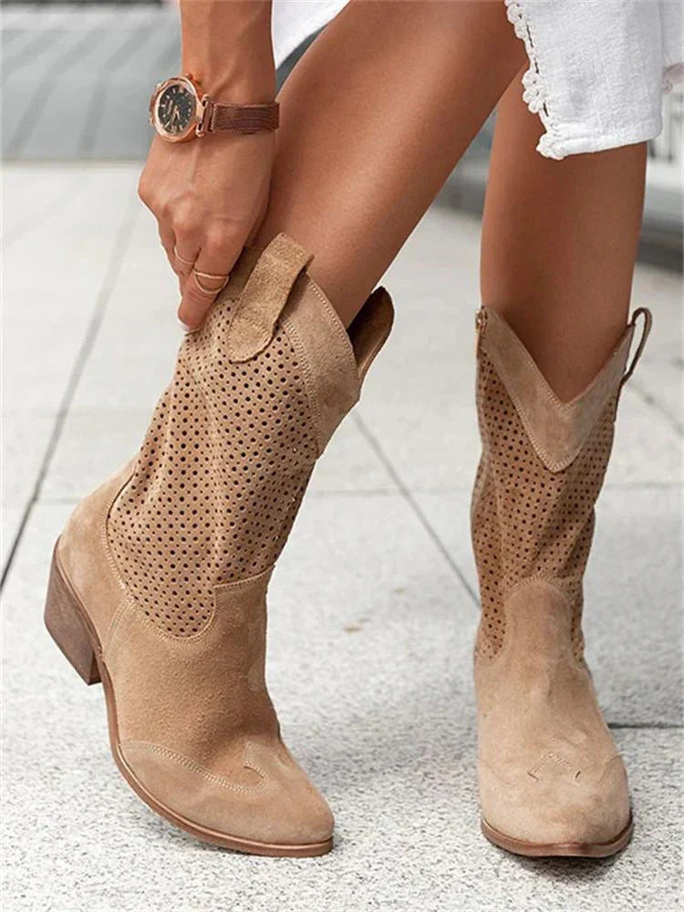 Lisbeth Weiss Perforierte Western Cowboystiefel für Damen | Atmungsaktiv mit Blockabsatz | Seitlicher Reissverschluss - 35-43